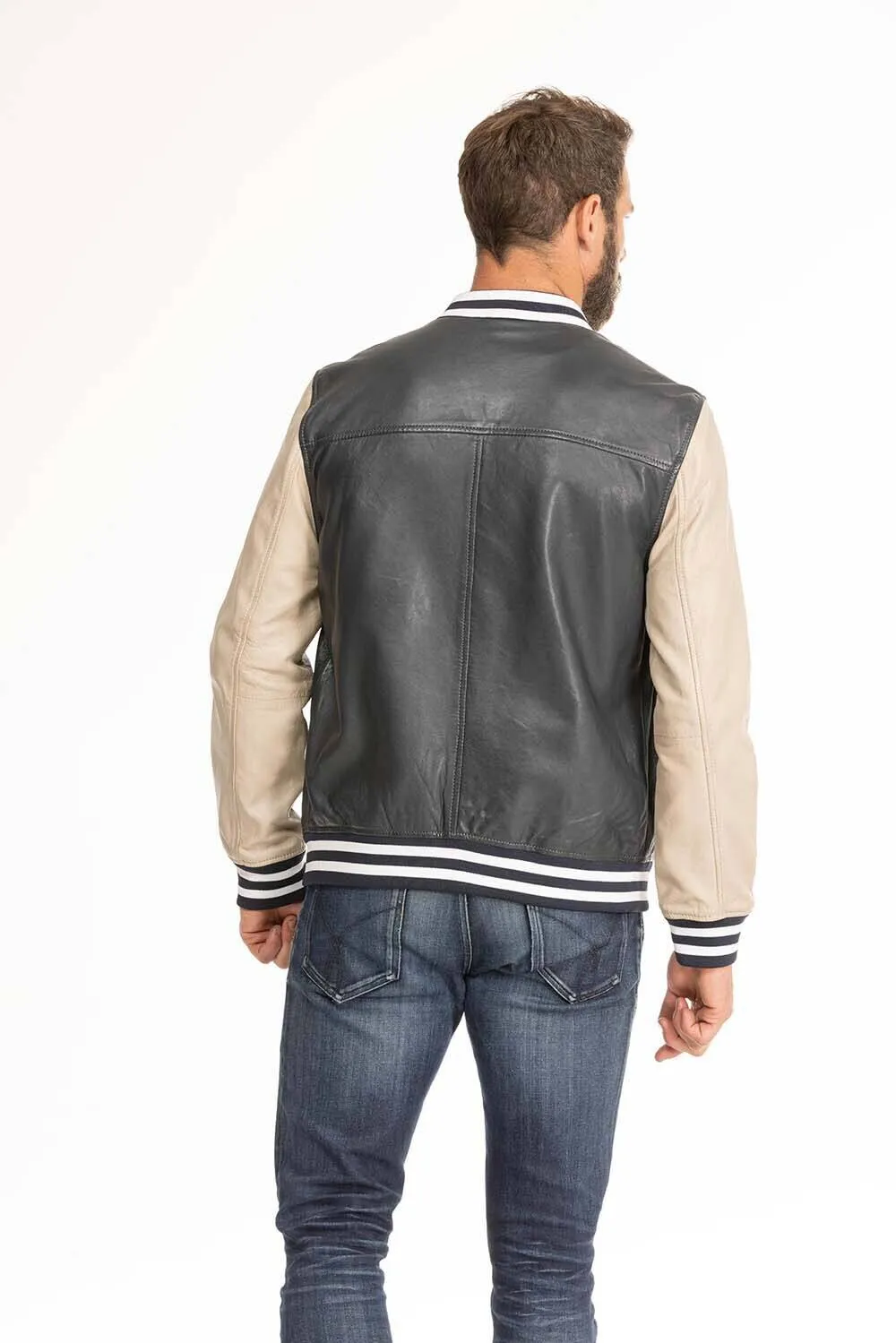 Men's navy and beige teddy style leather jacket 14923