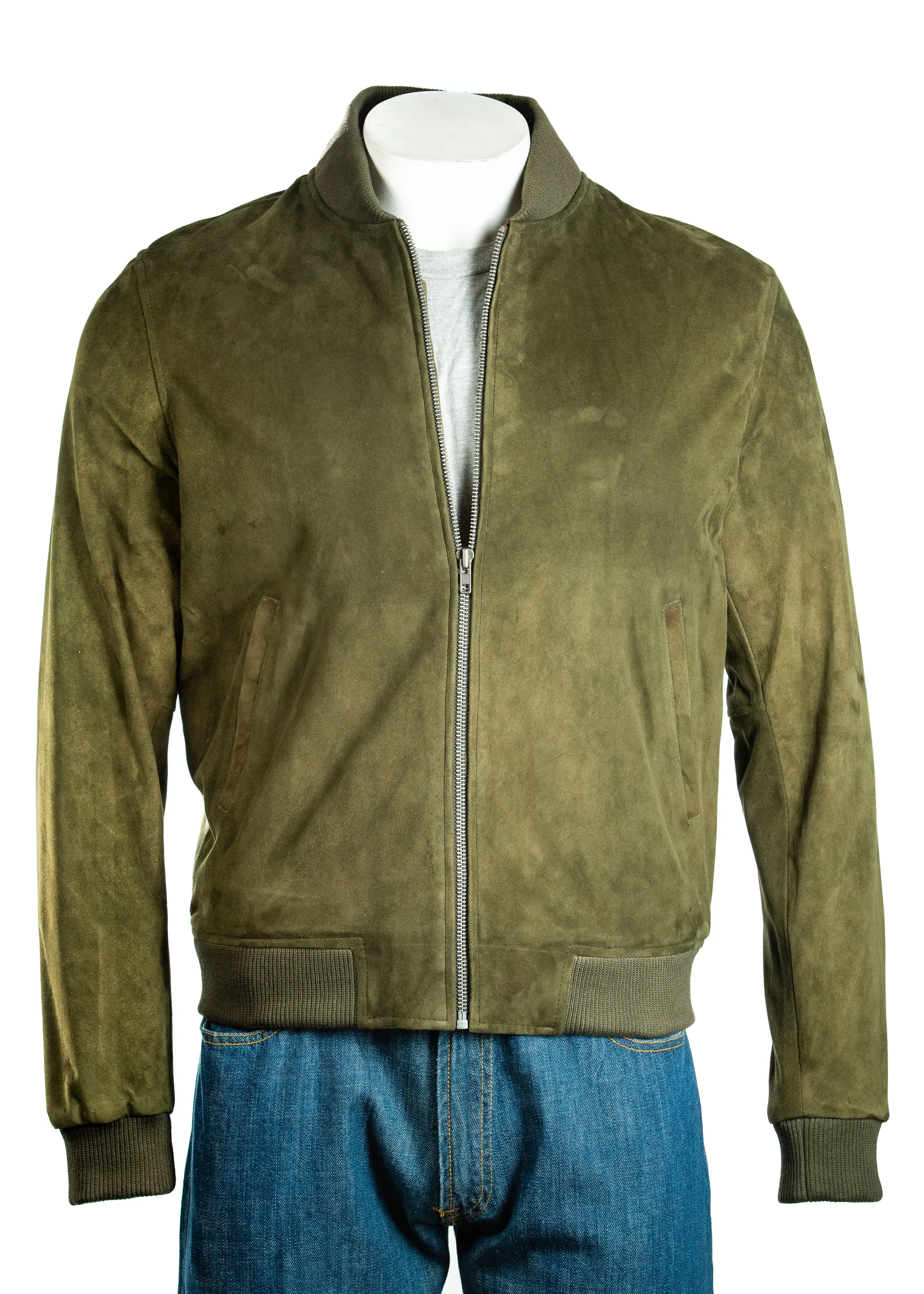 Men's Olive Green Rib-Knit Collar Suede Bomber: Benedict