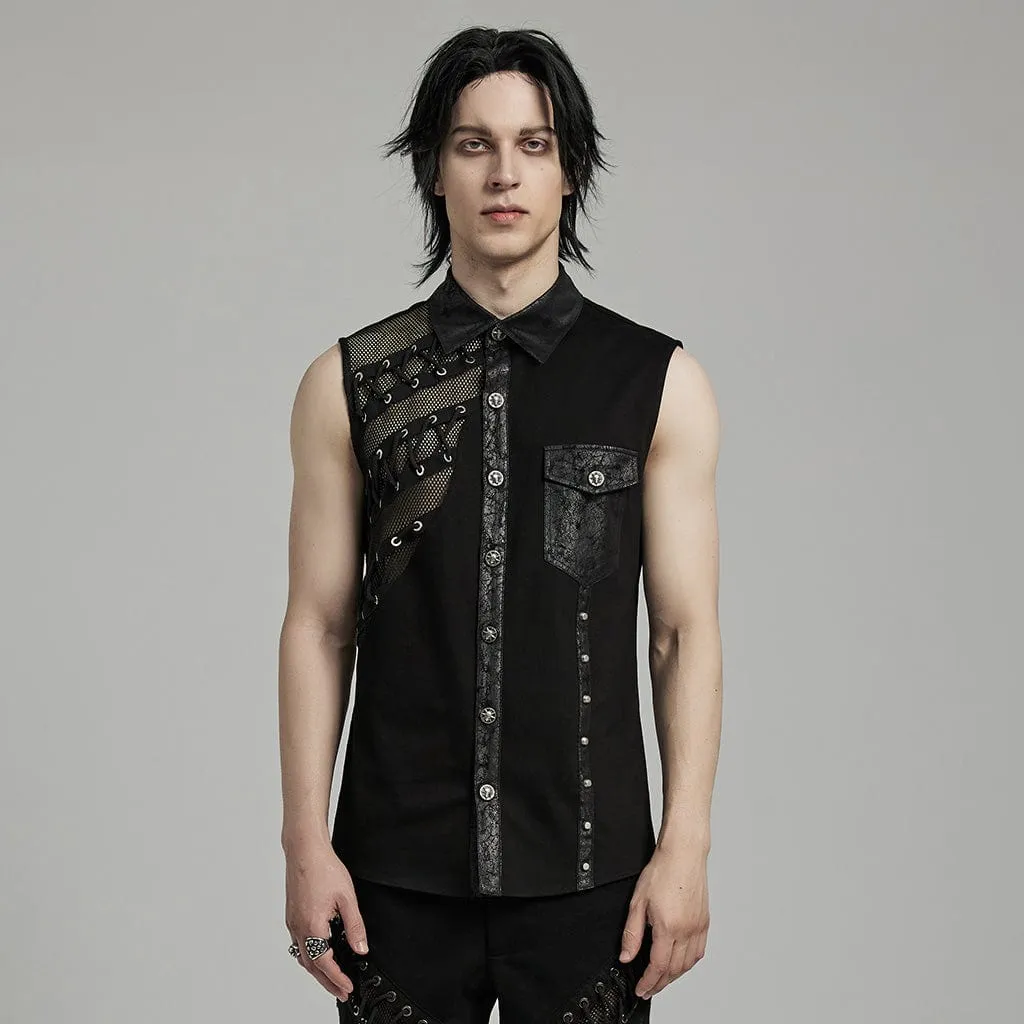 Men's Punk Strappy Mesh Splice Faux Leather Vest