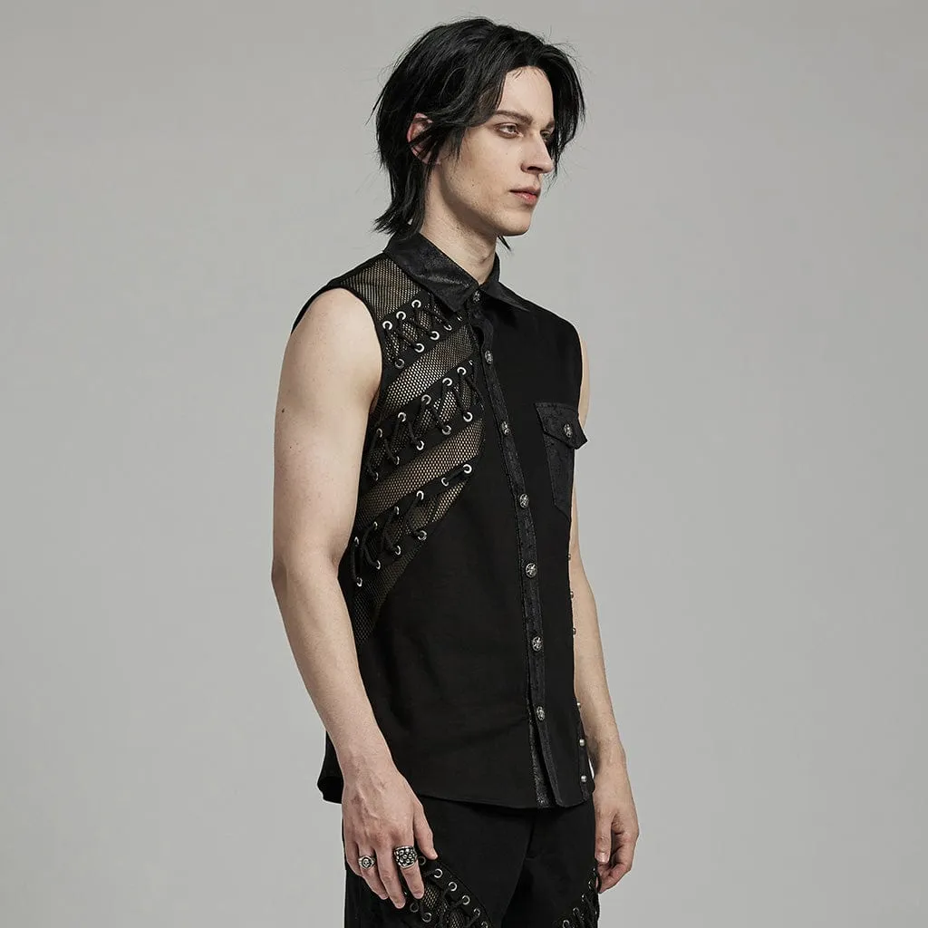 Men's Punk Strappy Mesh Splice Faux Leather Vest