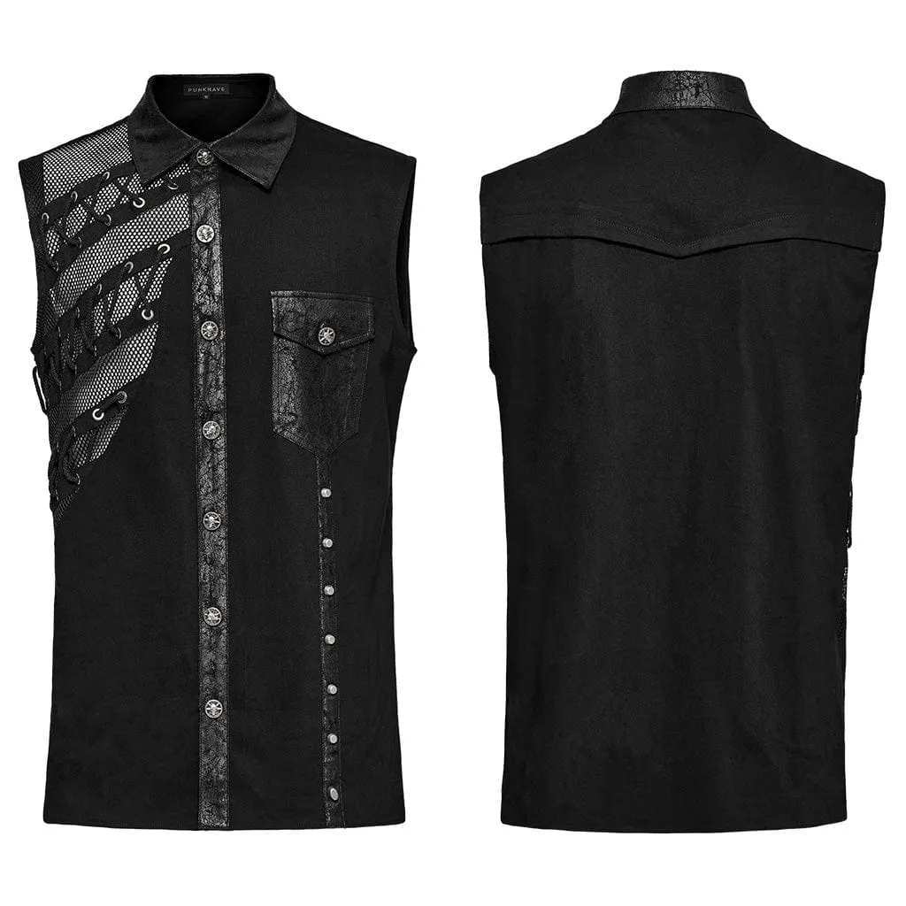 Men's Punk Strappy Mesh Splice Faux Leather Vest