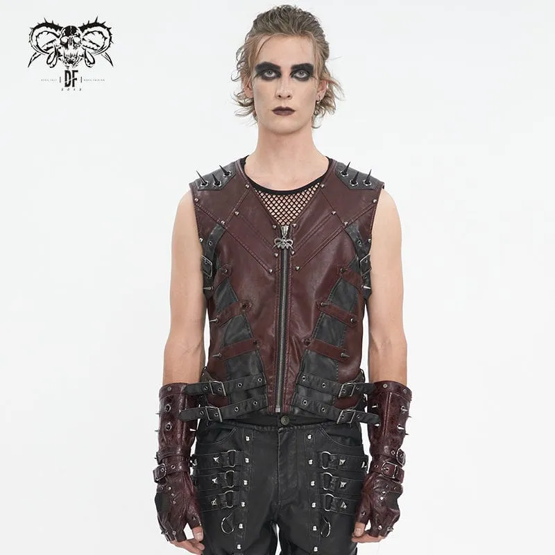 Men's Punk Studded Red Faux Leather Vest