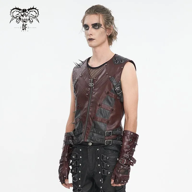 Men's Punk Studded Red Faux Leather Vest