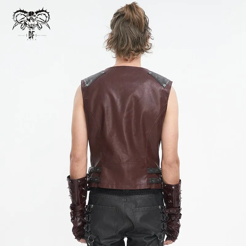 Men's Punk Studded Red Faux Leather Vest