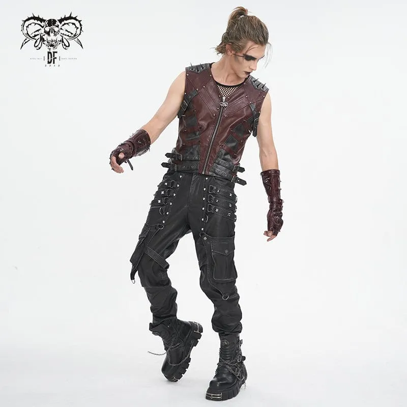 Men's Punk Studded Red Faux Leather Vest