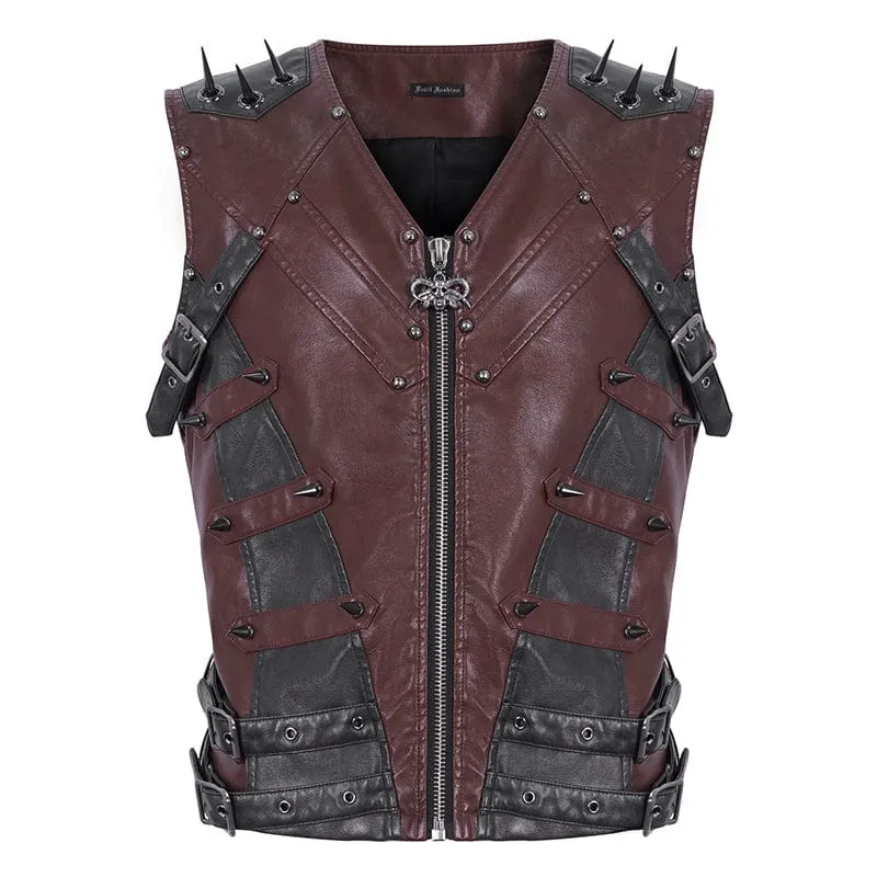 Men's Punk Studded Red Faux Leather Vest