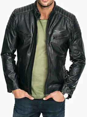 Mens Quilted Rub Off Goatskin Leather Jacket Distressed Black