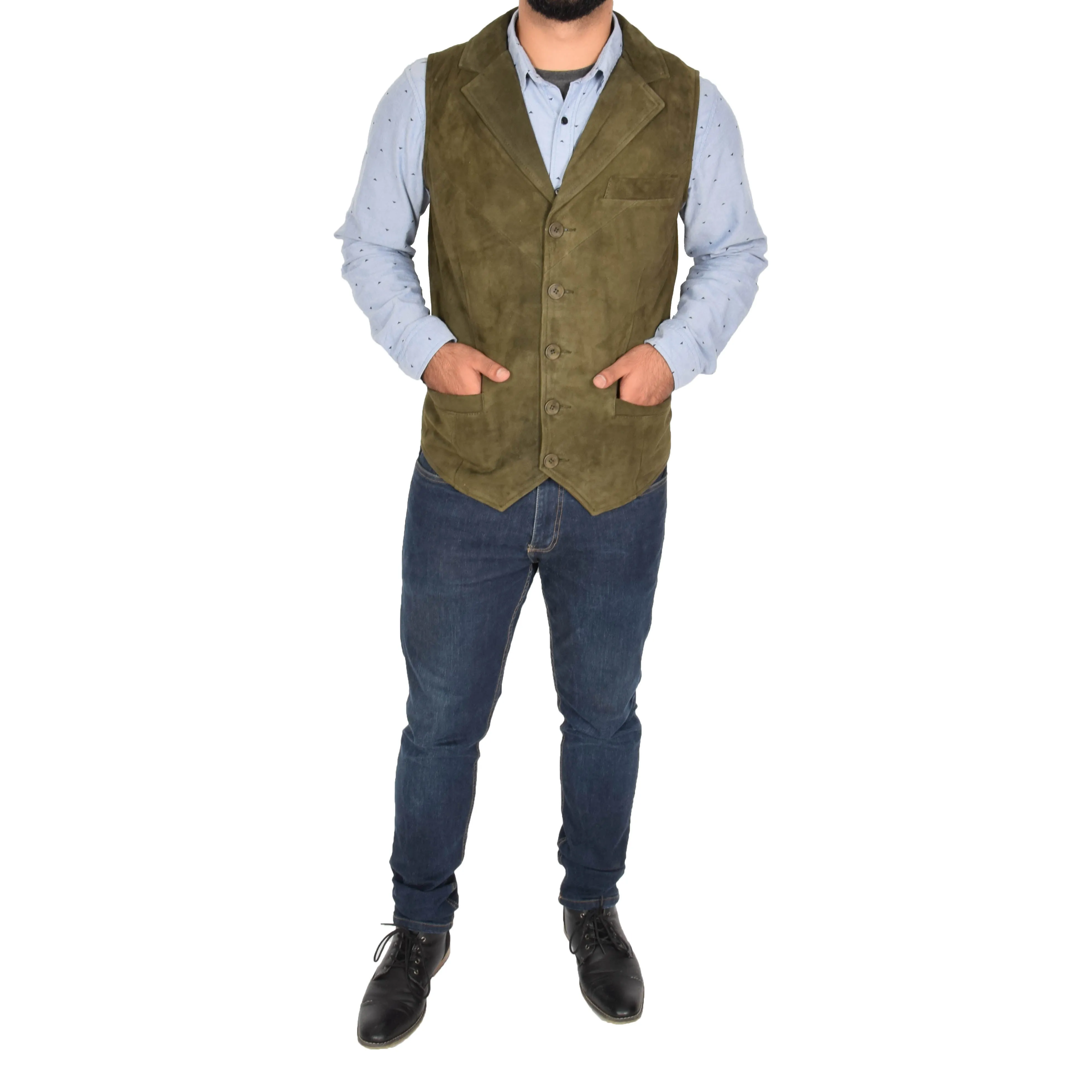 Mens Suede Buttoned Waistcoat Gilet Devin Green