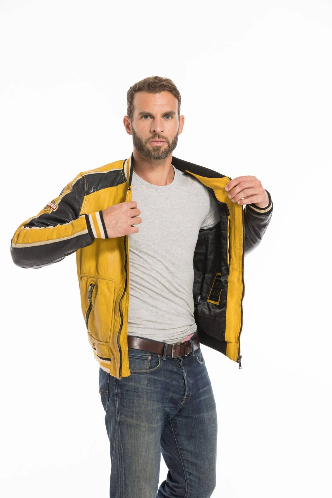 Men's yellow/black redskins fray teddy style leather jacket