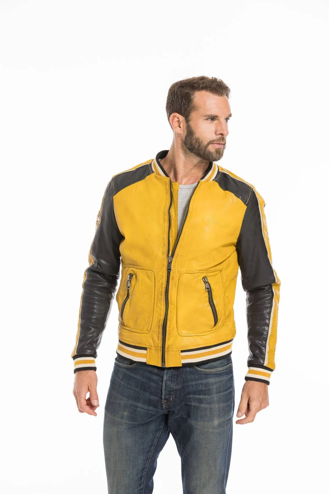 Men's yellow/black redskins fray teddy style leather jacket