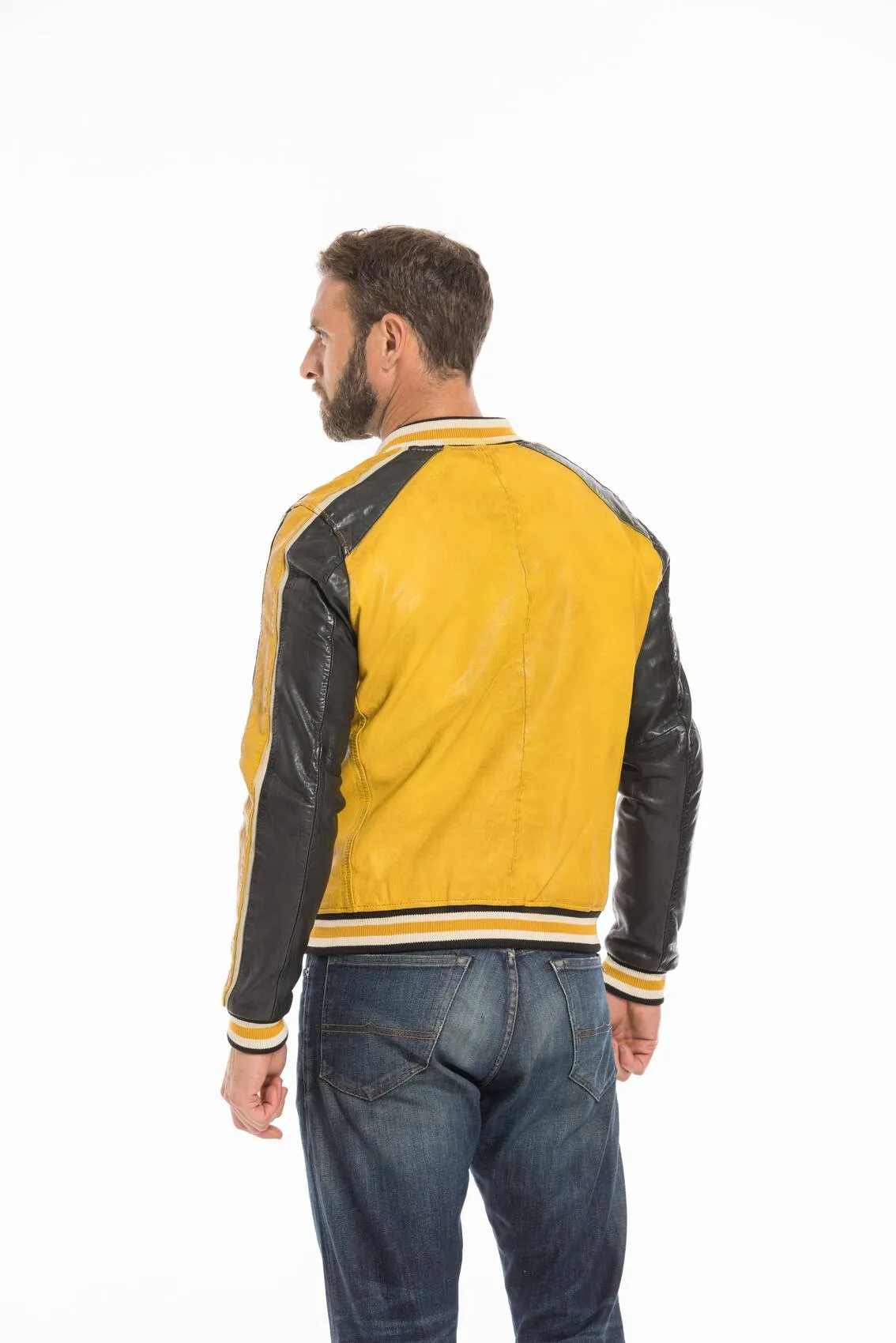 Men's yellow/black redskins fray teddy style leather jacket