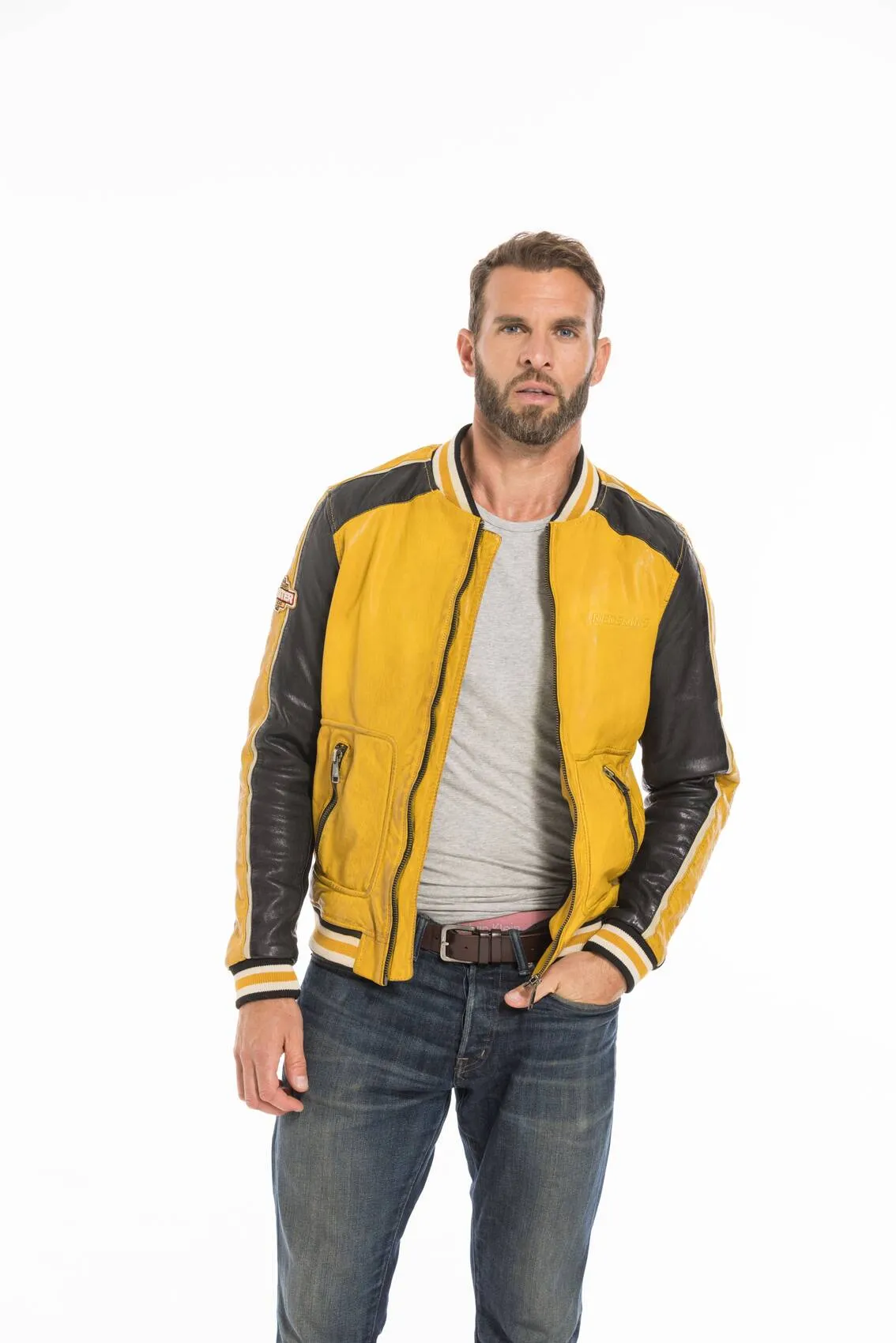 Men's yellow/black redskins fray teddy style leather jacket