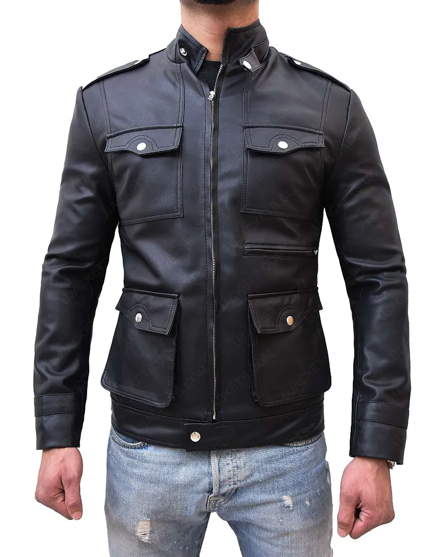 Mens Zip Up Multi Pocket Style Slim Fit Black Leather Jacket