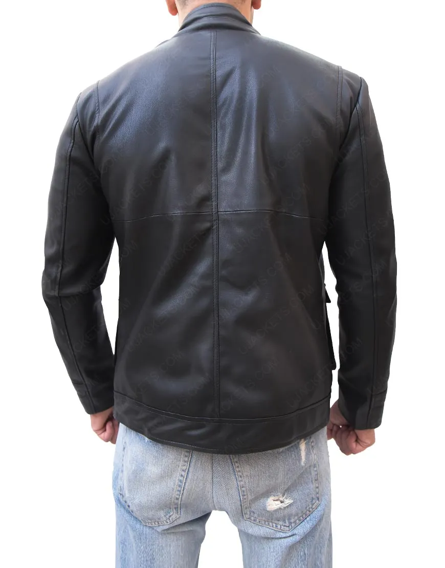 Mens Zip Up Multi Pocket Style Slim Fit Black Leather Jacket