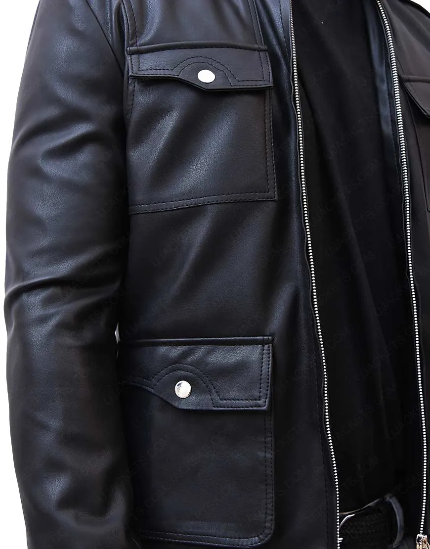 Mens Zip Up Multi Pocket Style Slim Fit Black Leather Jacket