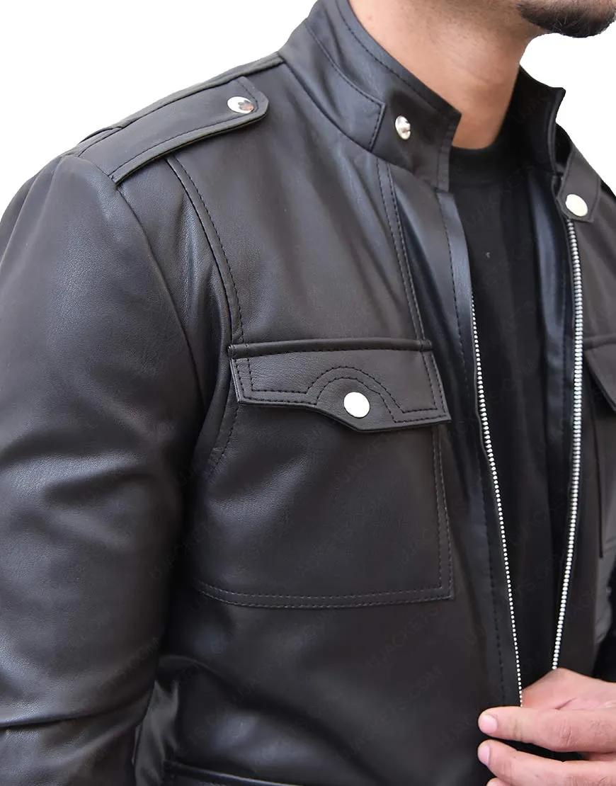 Mens Zip Up Multi Pocket Style Slim Fit Black Leather Jacket