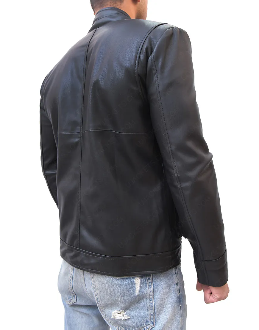 Mens Zip Up Multi Pocket Style Slim Fit Black Leather Jacket