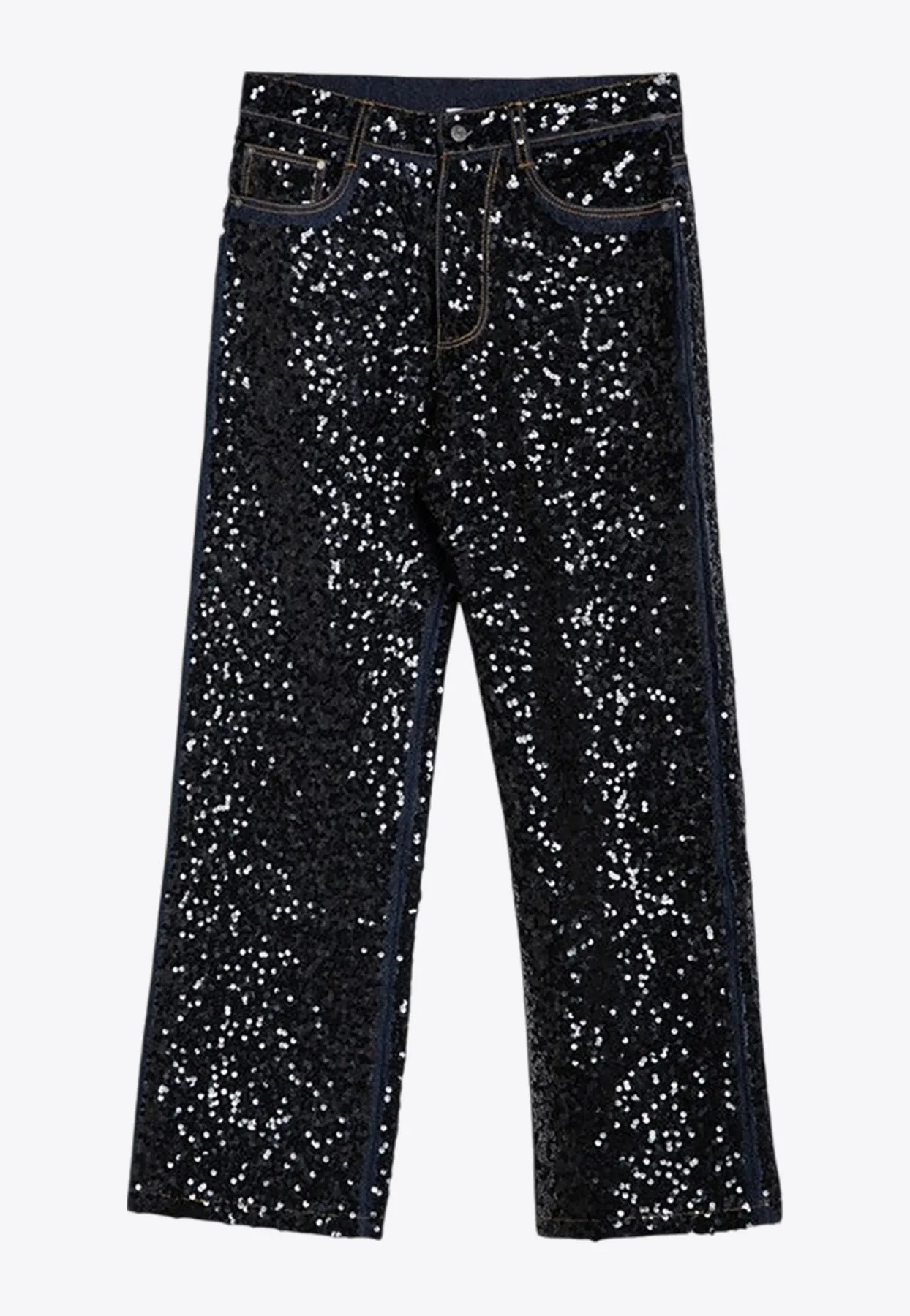 Micro Sequins Embellished Straight-Leg Jeans
