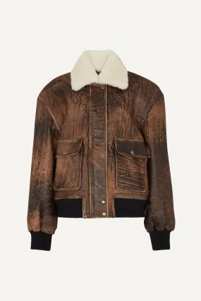 Mila Distressed Leather Bomber Jacket With Shearling Collar - Tobacco (W/S) 835