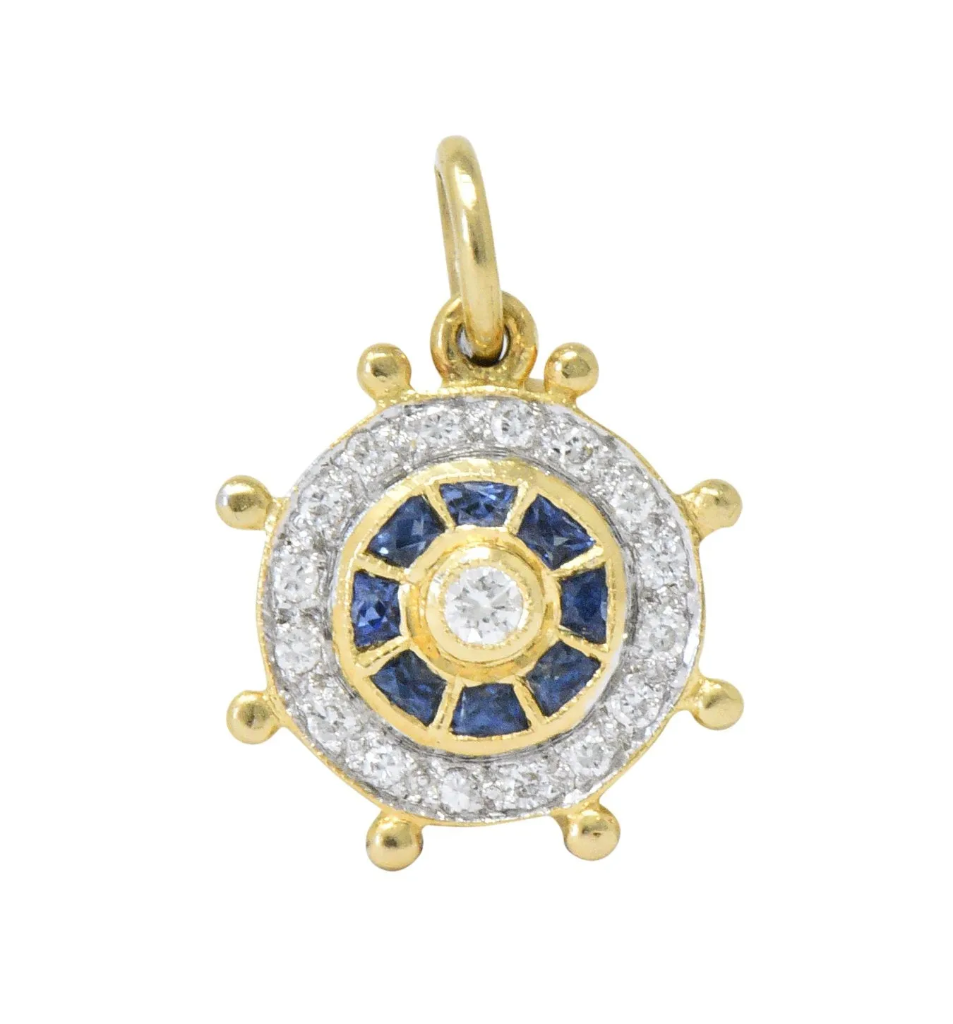 Modern 1980's 0.30 CTW Diamond Sapphire 18 Karat Gold Ship's Wheel Charm