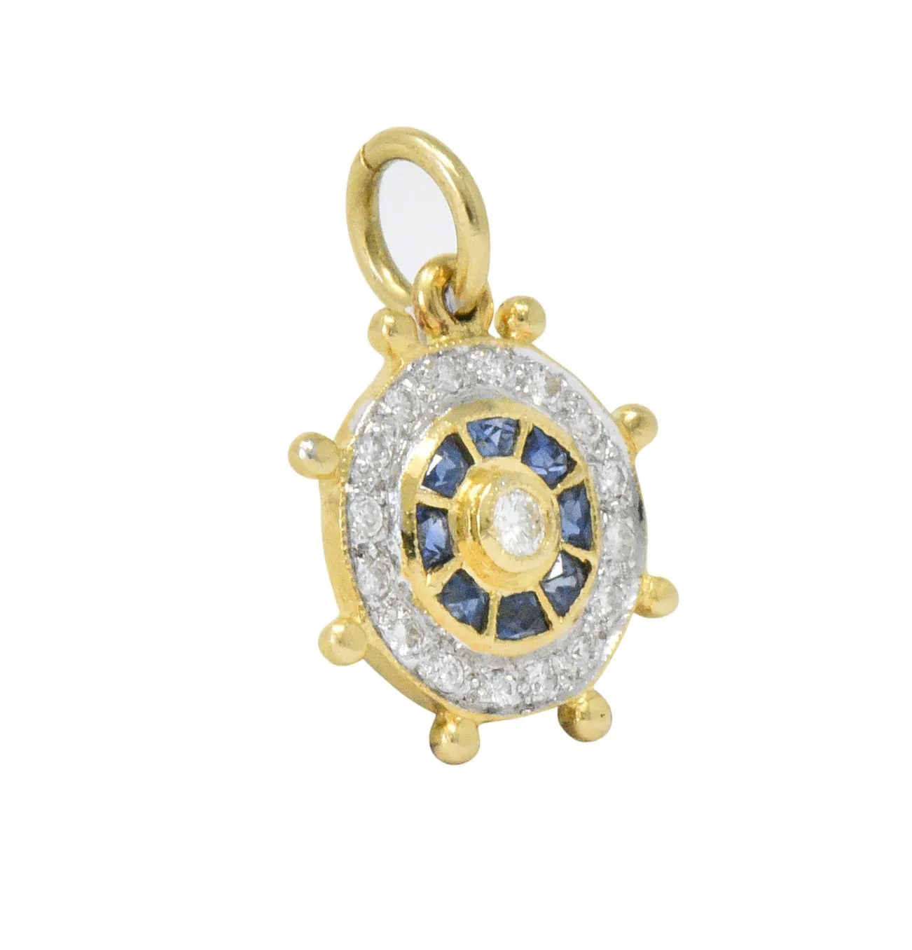 Modern 1980's 0.30 CTW Diamond Sapphire 18 Karat Gold Ship's Wheel Charm