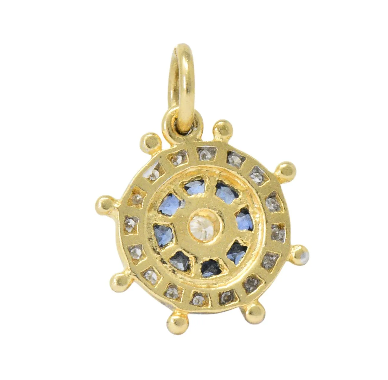 Modern 1980's 0.30 CTW Diamond Sapphire 18 Karat Gold Ship's Wheel Charm