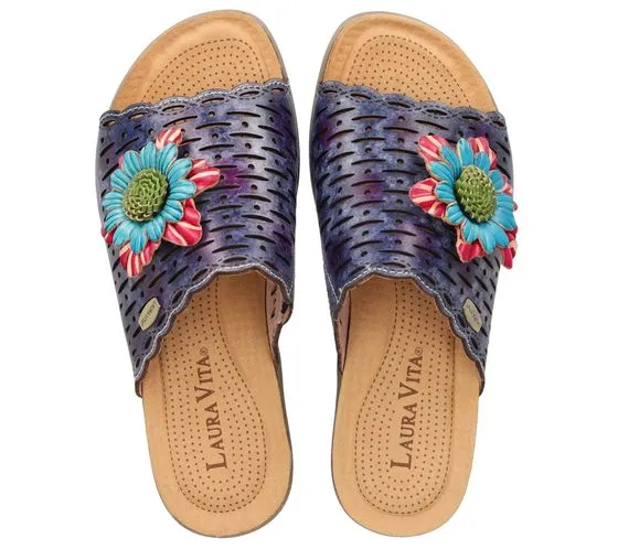 Mules d'été femme Laura Vita en cuir véritable avec décoration florale LILOO 11 bleu