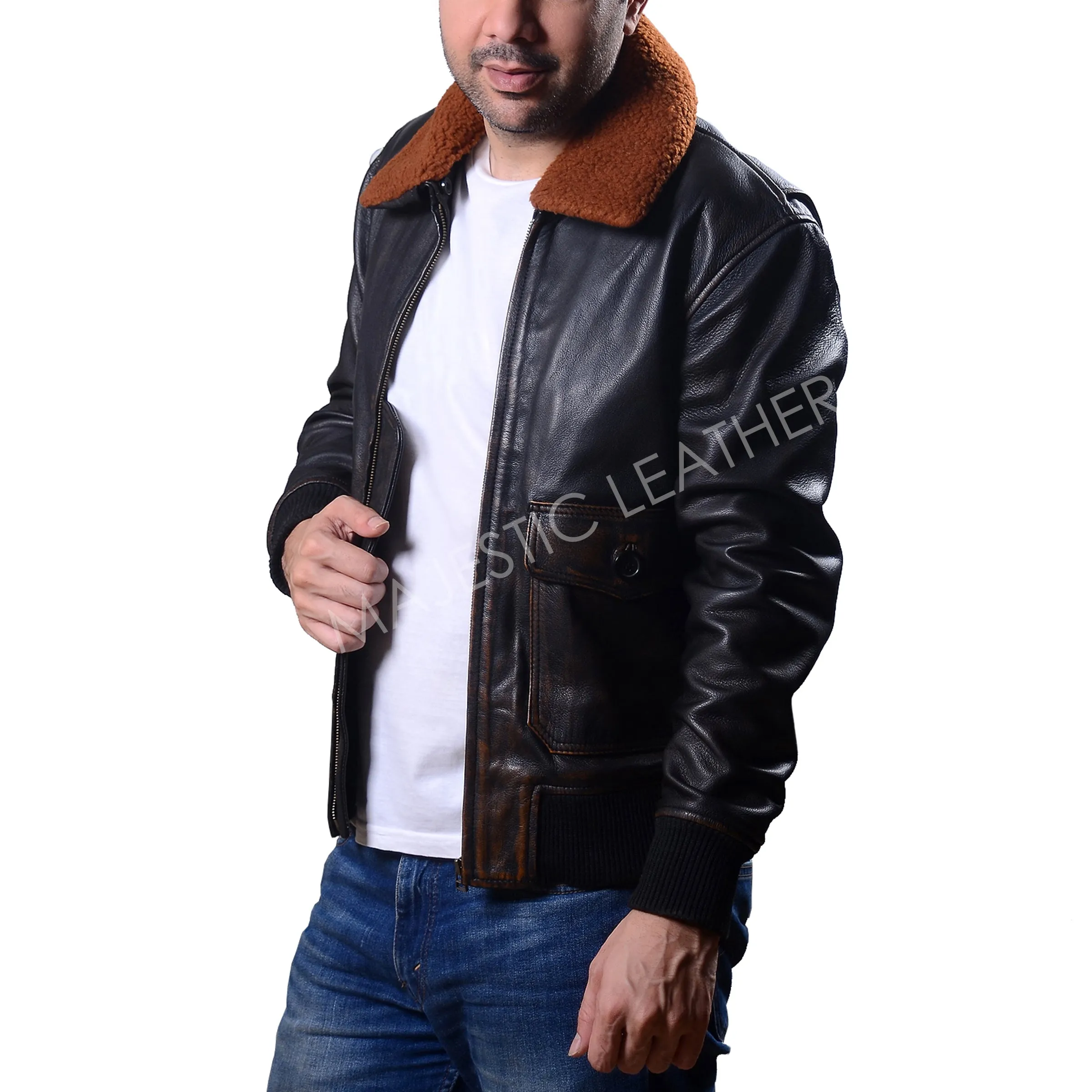 New Mens G-1 Navy Aviator Leather Bomber Distressed Brown Real Leather Jacket