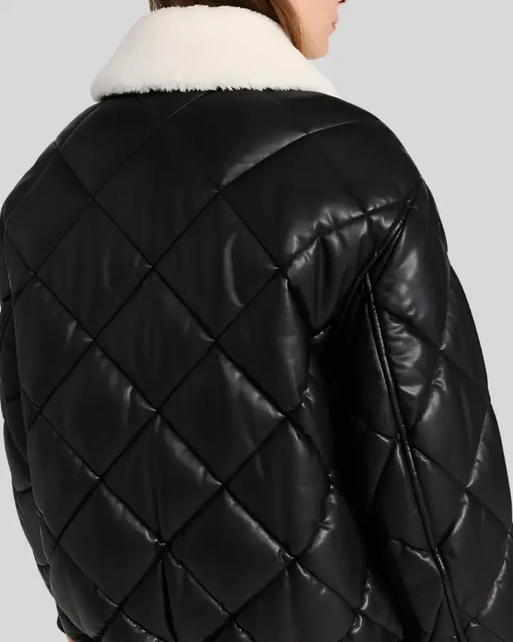 Nordic Luxe Quilted Black Bomber Leather Jacket with Shearling Collar