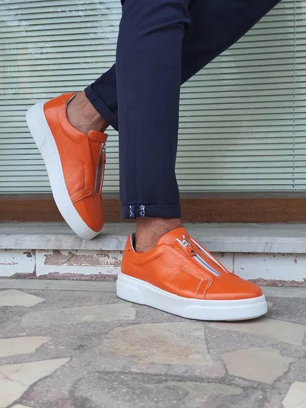 Orange Mid-Top Zipper Sneakers for Men by GentWith.com | Worldwide Shipping