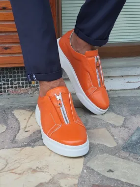 Orange Mid-Top Zipper Sneakers for Men by GentWith.com | Worldwide Shipping