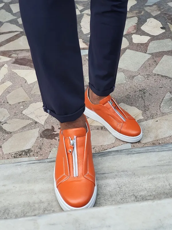 Orange Mid-Top Zipper Sneakers for Men by GentWith.com | Worldwide Shipping