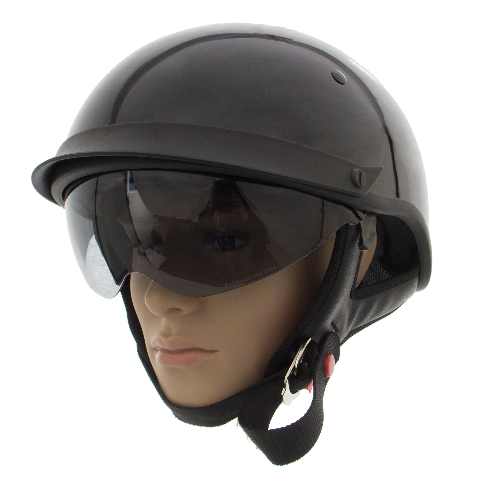 Outlaw Helmets T72 Glossy Black Motorcycle Half Helmet for Men & Women with Drop Down Sun Visor DOT Approved - Adult Unisex Skul