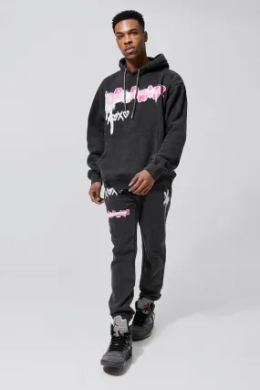 Oversized Graffiti Acid Wash Hooded Tracksuit