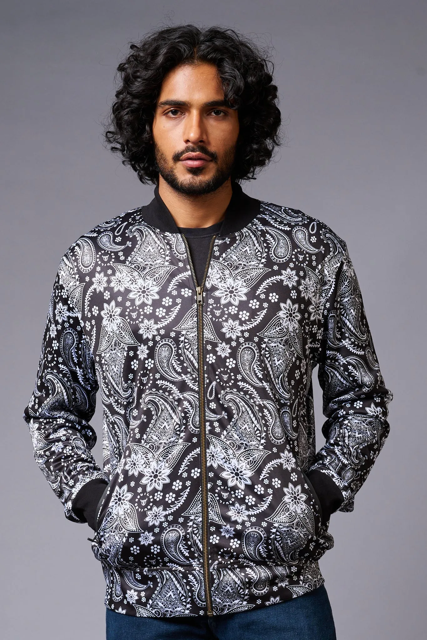 Paisely Design Printed (in white) Black Bomber Jacket for Men