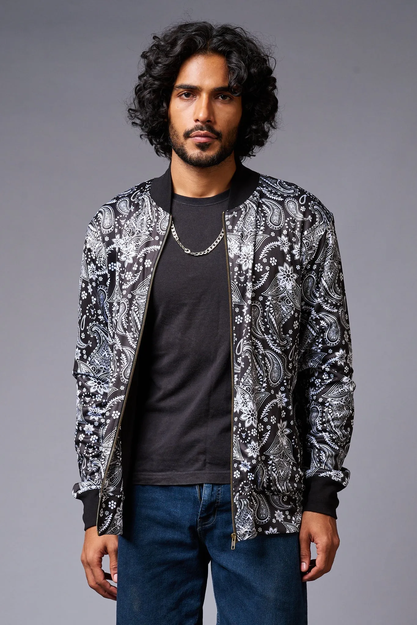 Paisely Design Printed (in white) Black Bomber Jacket for Men