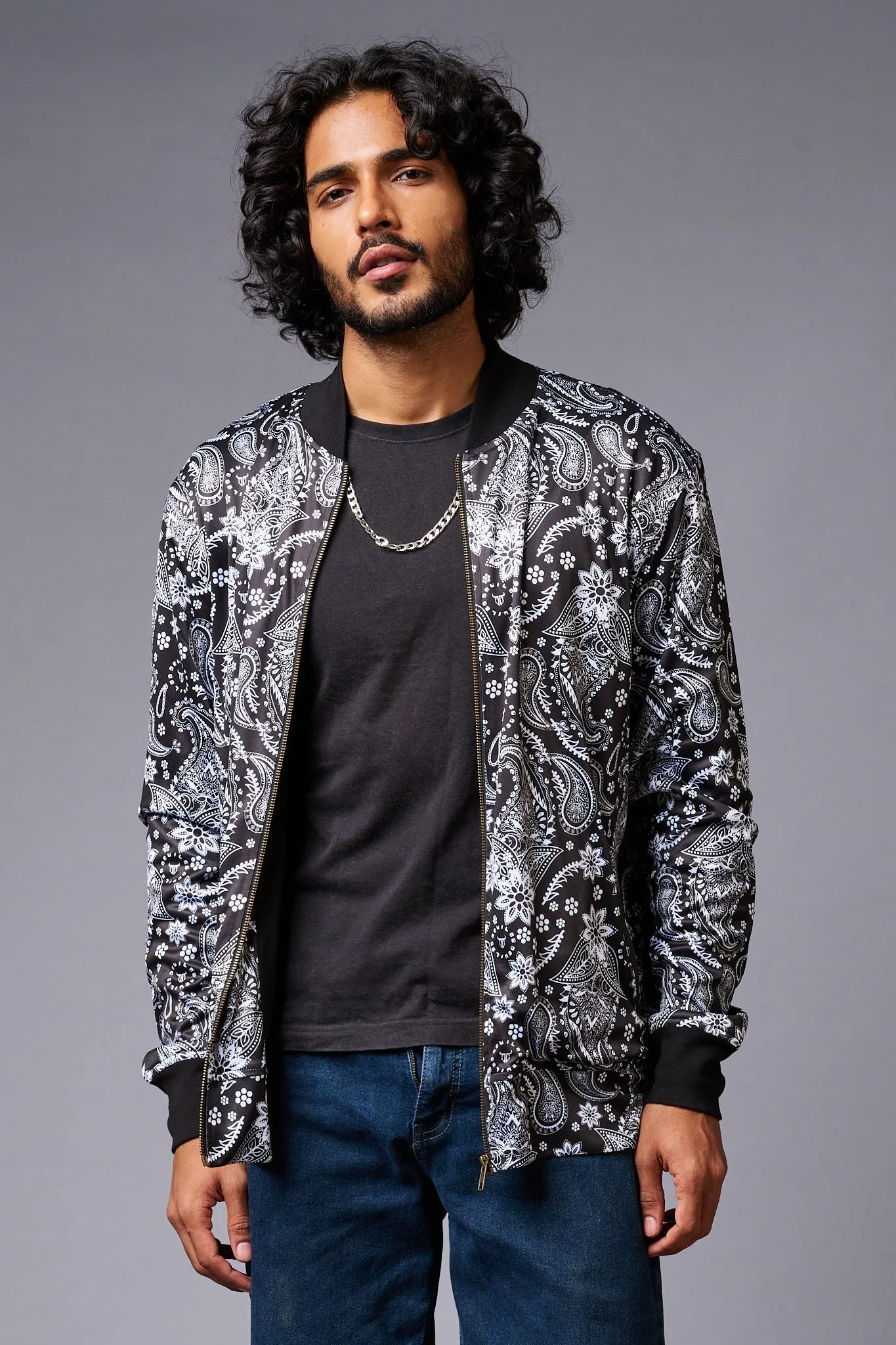 Paisely Design Printed (in white) Black Bomber Jacket for Men