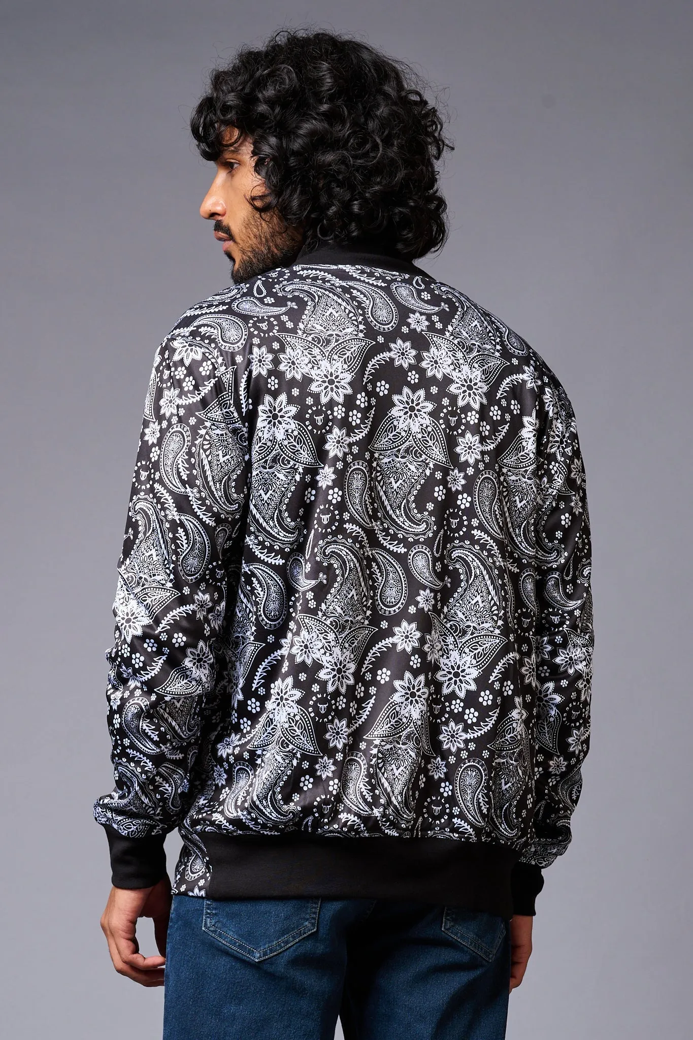 Paisely Design Printed (in white) Black Bomber Jacket for Men