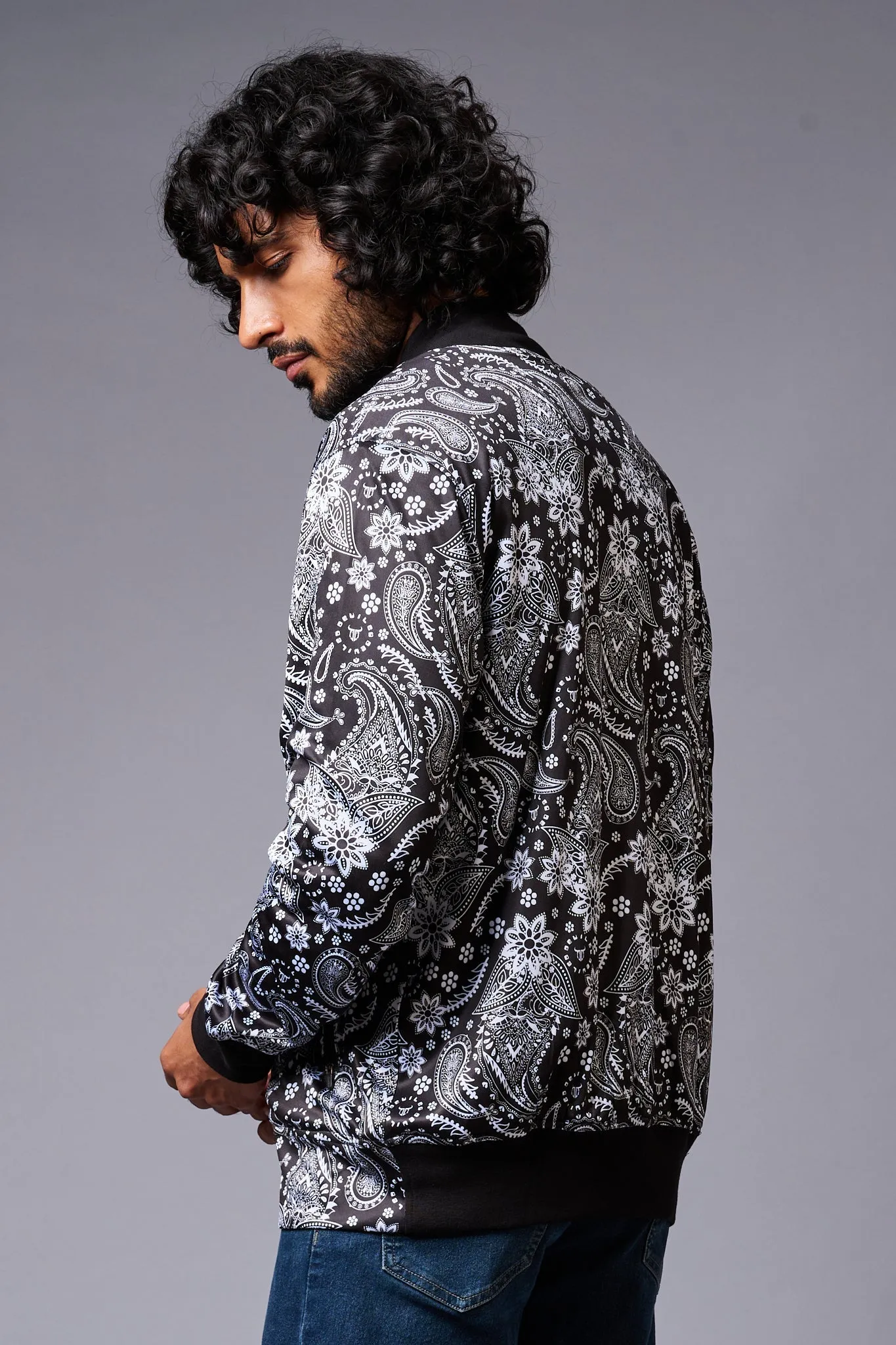 Paisely Design Printed (in white) Black Bomber Jacket for Men