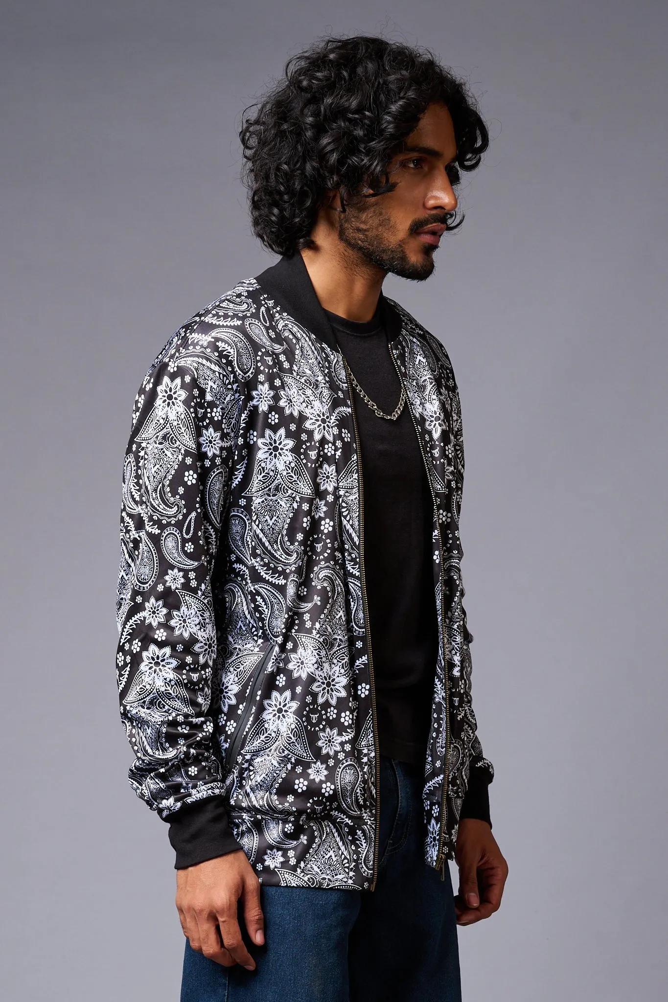 Paisely Design Printed (in white) Black Bomber Jacket for Men