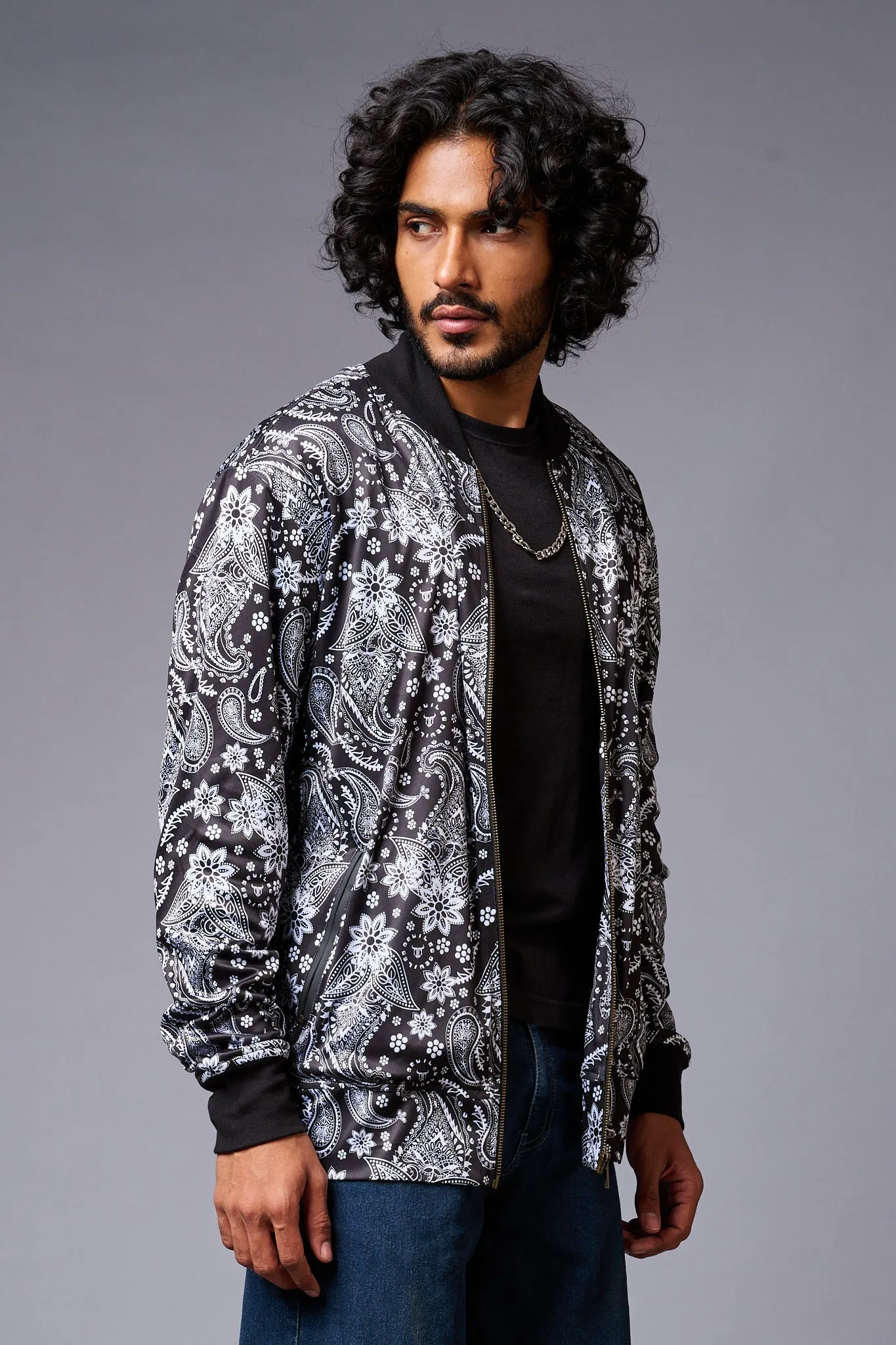 Paisely Design Printed (in white) Black Bomber Jacket for Men