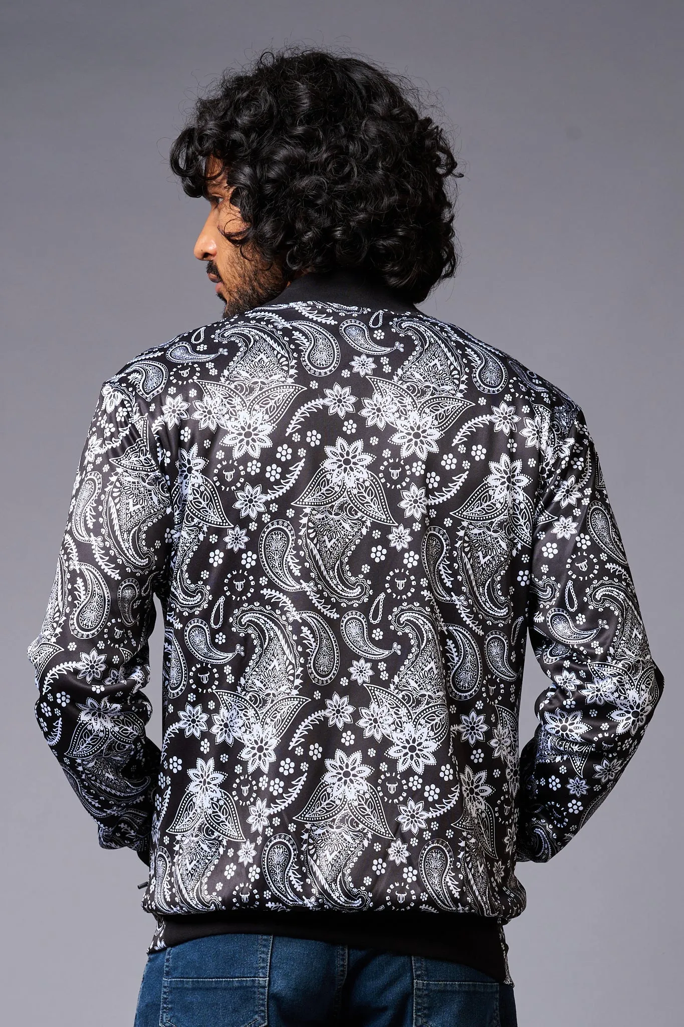 Paisely Design Printed (in white) Black Bomber Jacket for Men