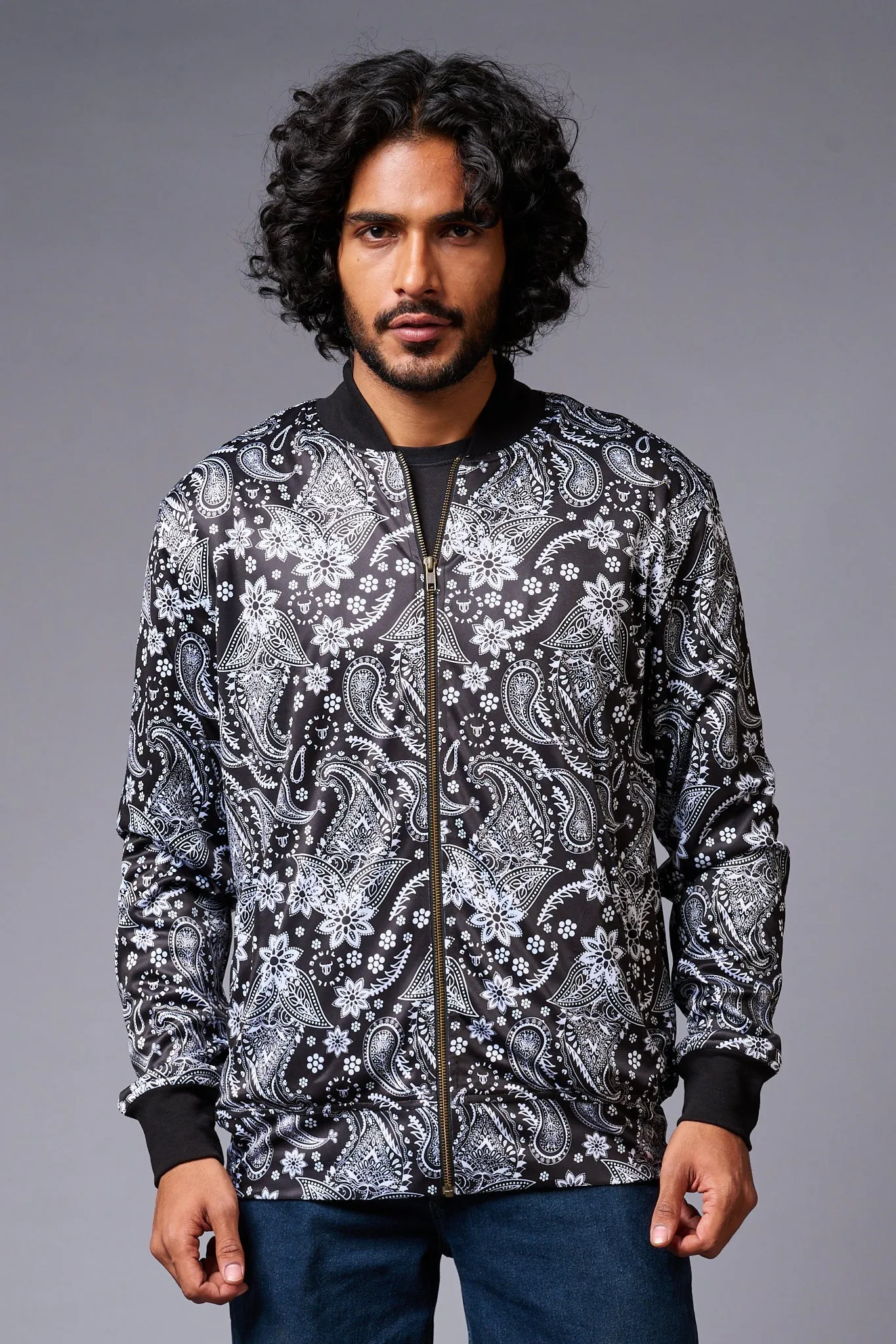 Paisely Design Printed (in white) Black Bomber Jacket for Men