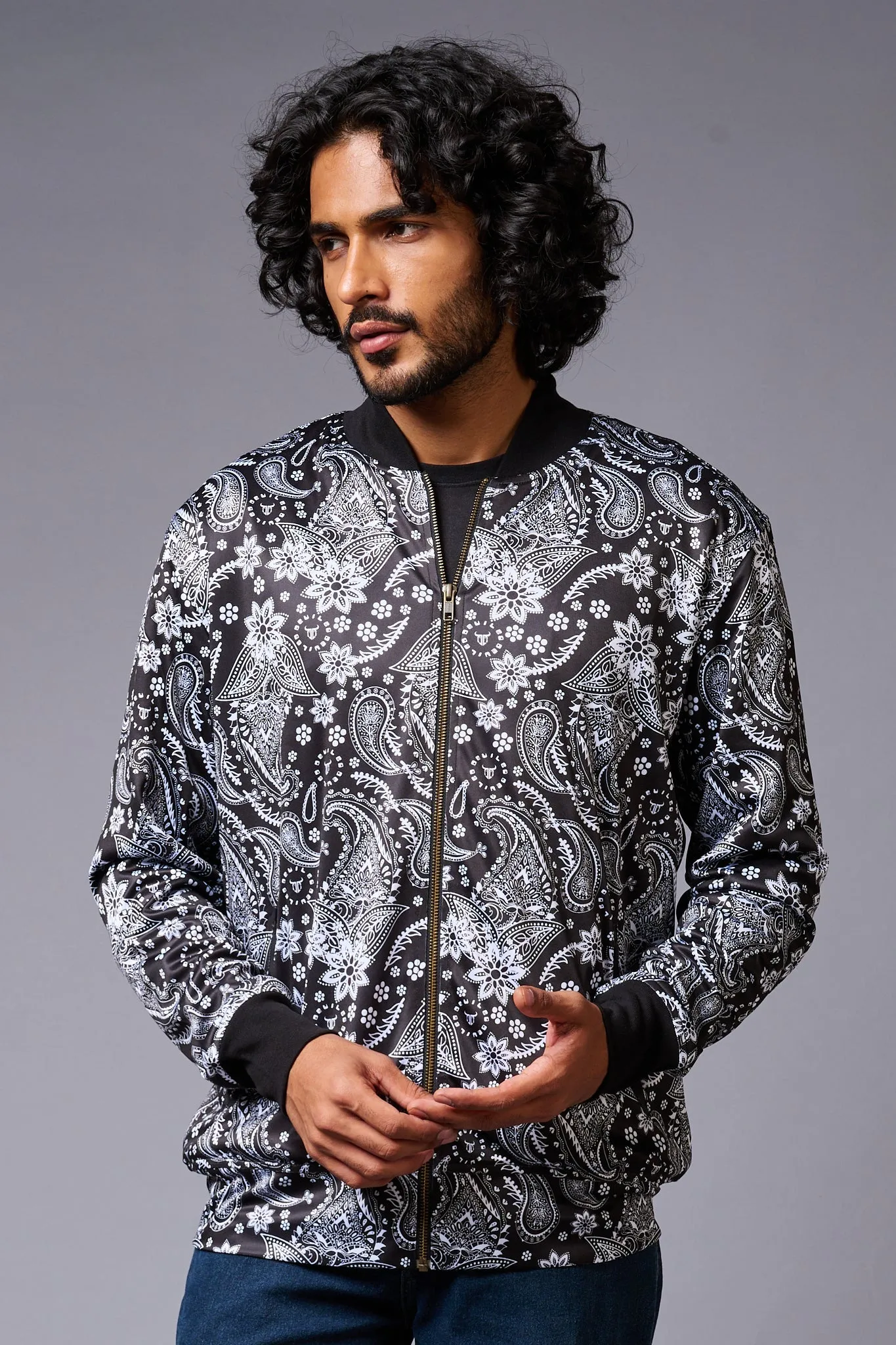 Paisely Design Printed (in white) Black Bomber Jacket for Men