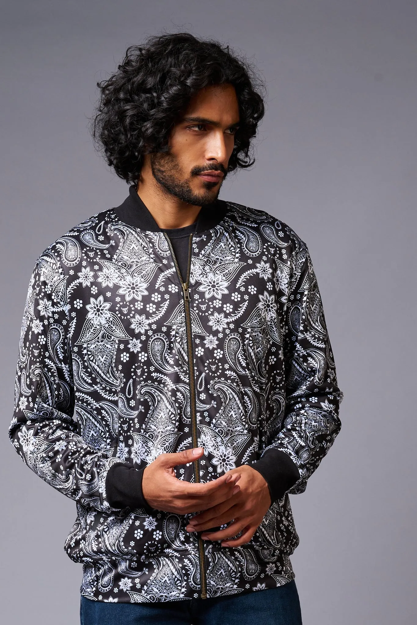 Paisely Design Printed (in white) Black Bomber Jacket for Men