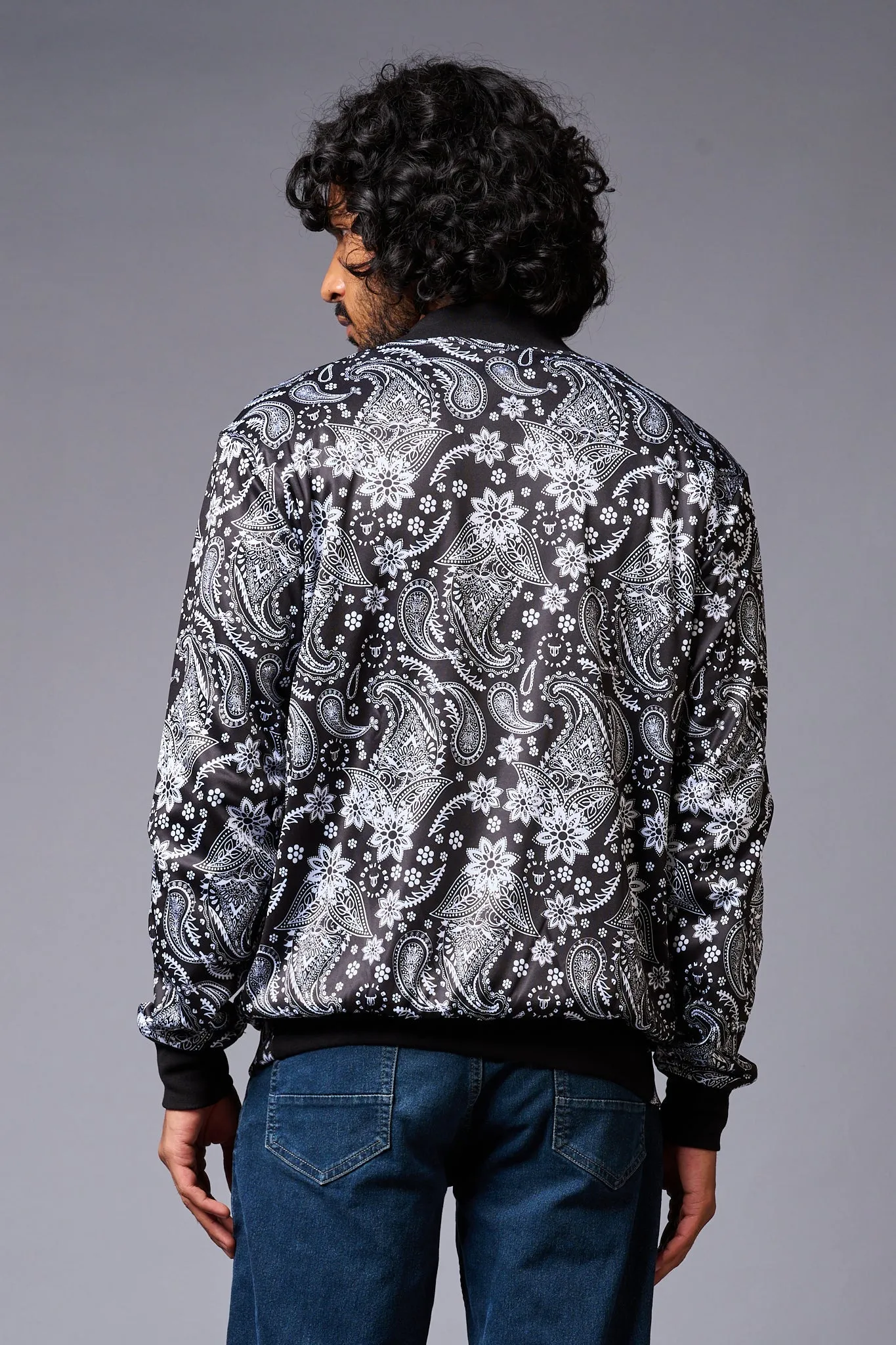 Paisely Design Printed (in white) Black Bomber Jacket for Men