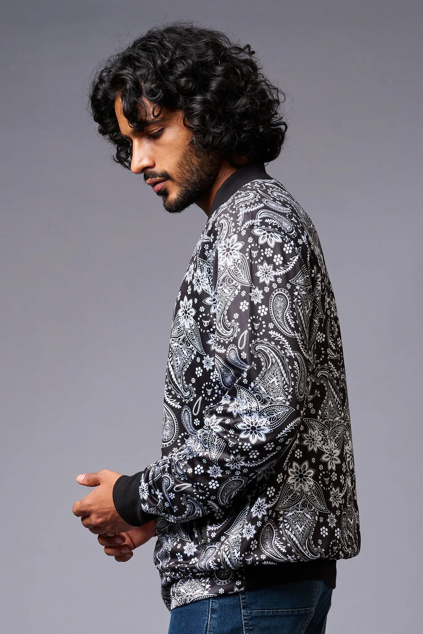 Paisely Design Printed (in white) Black Bomber Jacket for Men