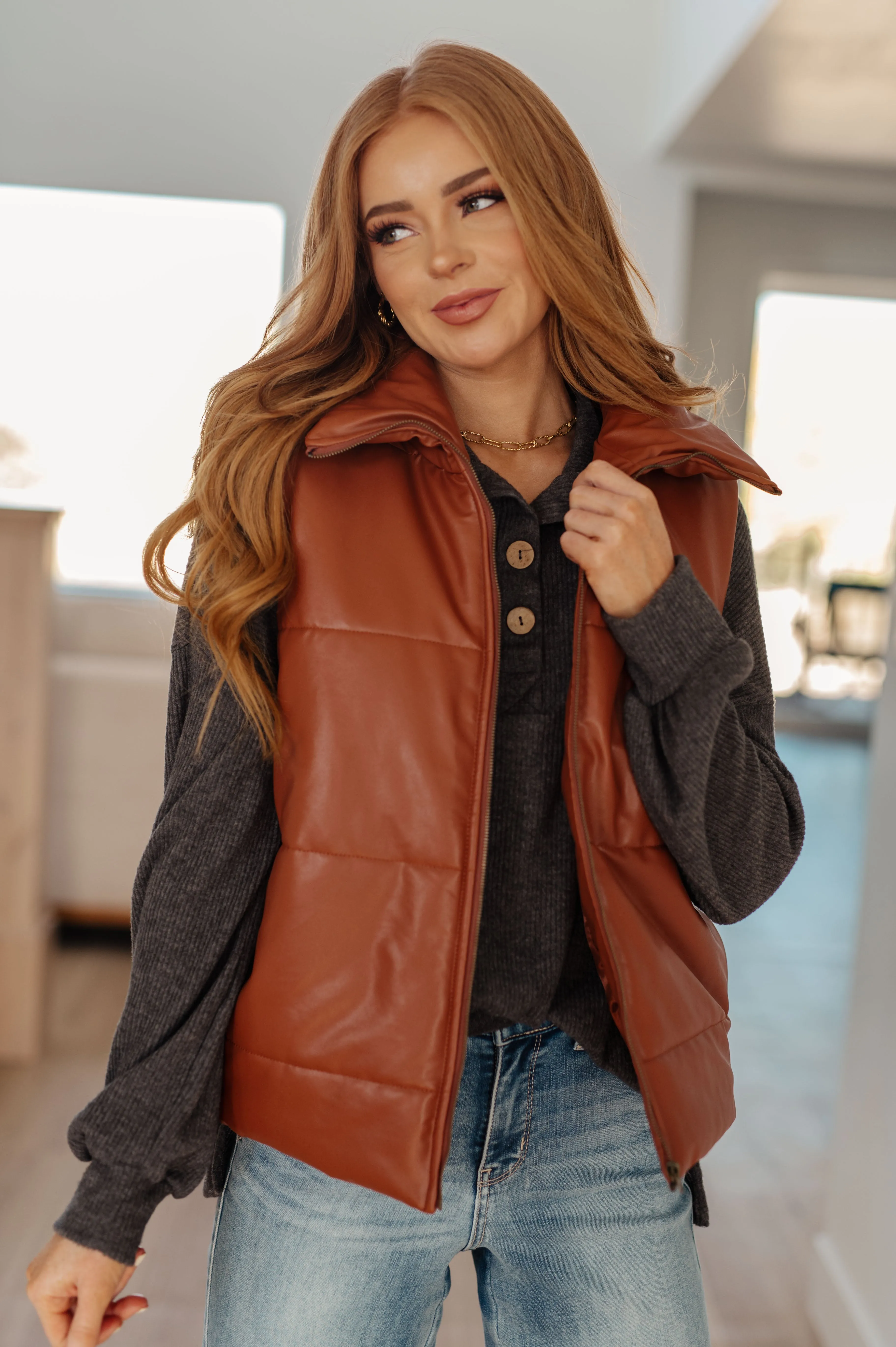 Passing Faux Leather Puffer Vest