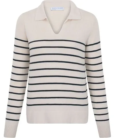 Paul James Knitwear Neutrals Womens Lightweight Cotton Colette Open Collar Breton Top