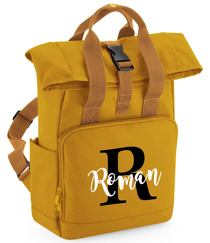 Personalised Childrens Name and Initial Backpack Twin Handle Roll-Top Bag Sage
